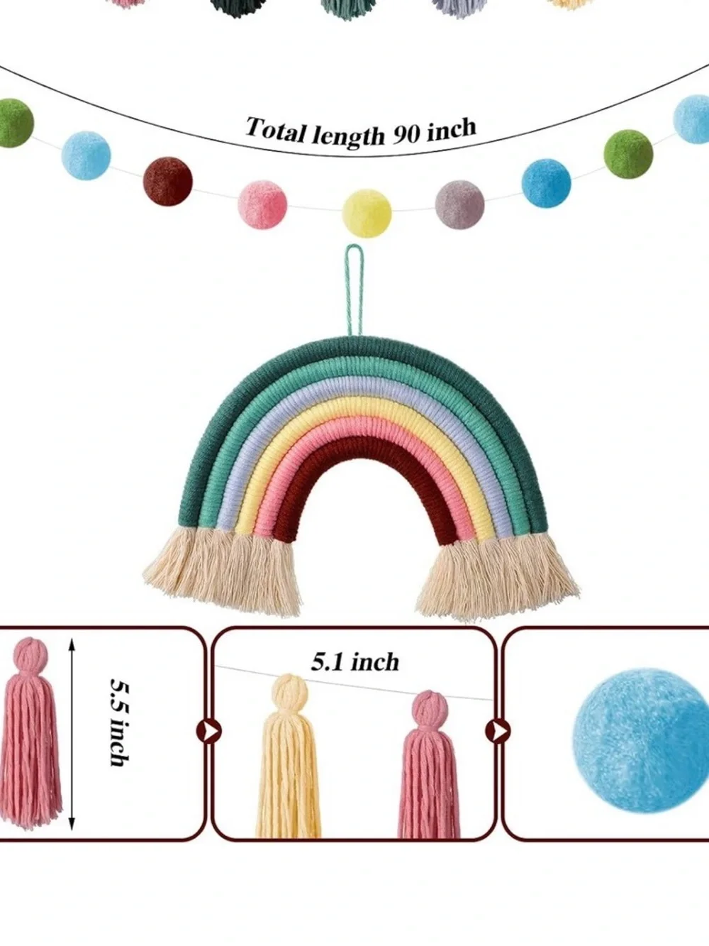Boho Macrame Rainbow Wall Hanging & PomPom Garland